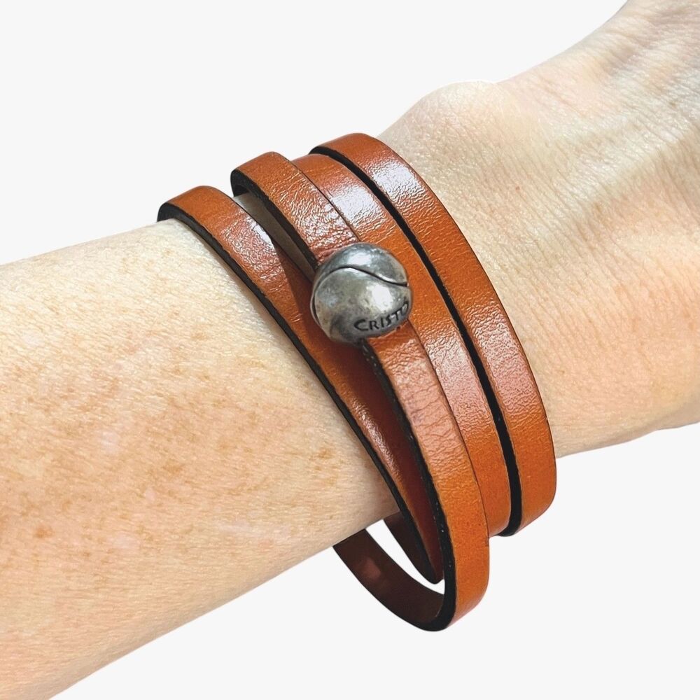 Cristo Wrap Bracelet Brown Leather Strap Silver Tone Magnetic Clasp Boho 1/4"